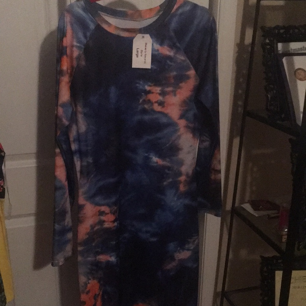 Dark Blue Tie Die Long Sleeve Dress